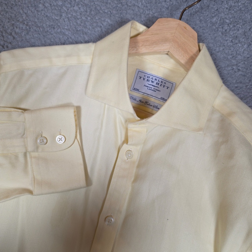 Charles Tyrwhitt Dress Shirt Mens 16/34 Yellow Good Herringbone Non-Iron Slim